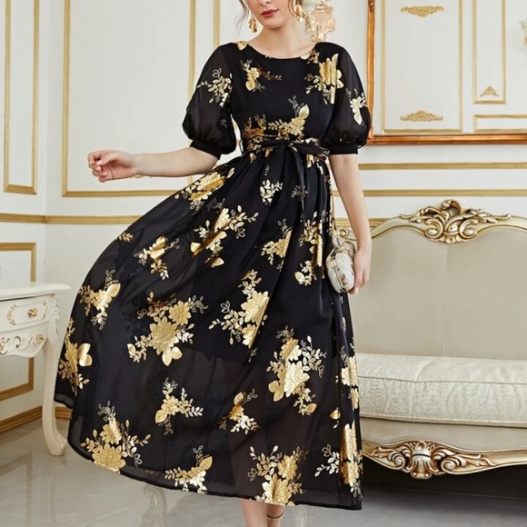 SHEIN Modely Gold Floral Print Lantern Sleeve Belted Dress Size S - Picture 3 of 12